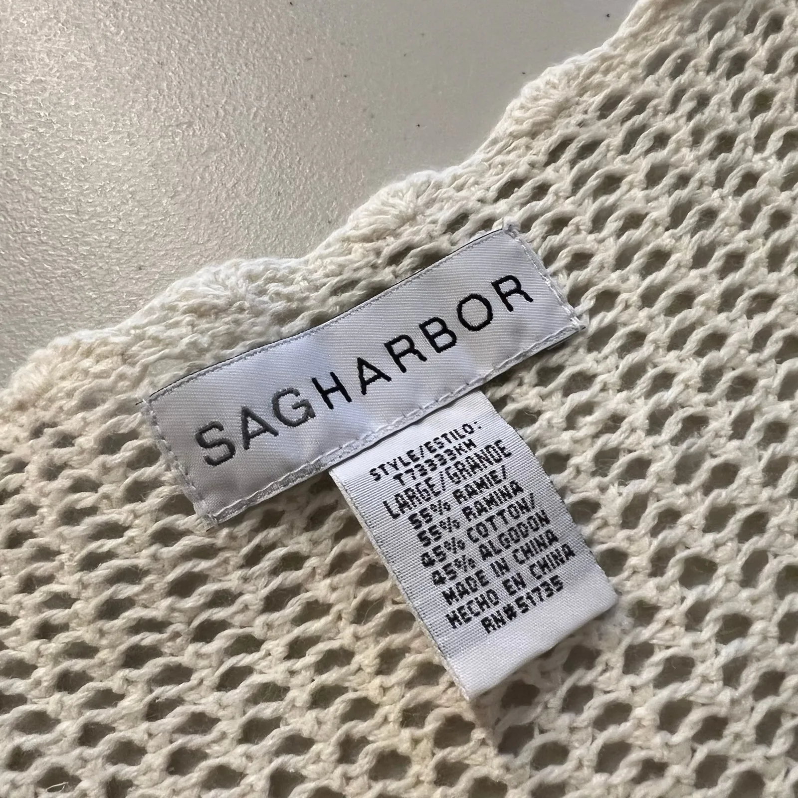 Vintage Sag Harbor Cream Loose Knit Short Sleeve Single Button Top Size Large - Image 6