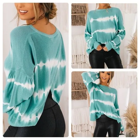 Fate split open back balloon sleeve tie dye sweater size medium - Image 2