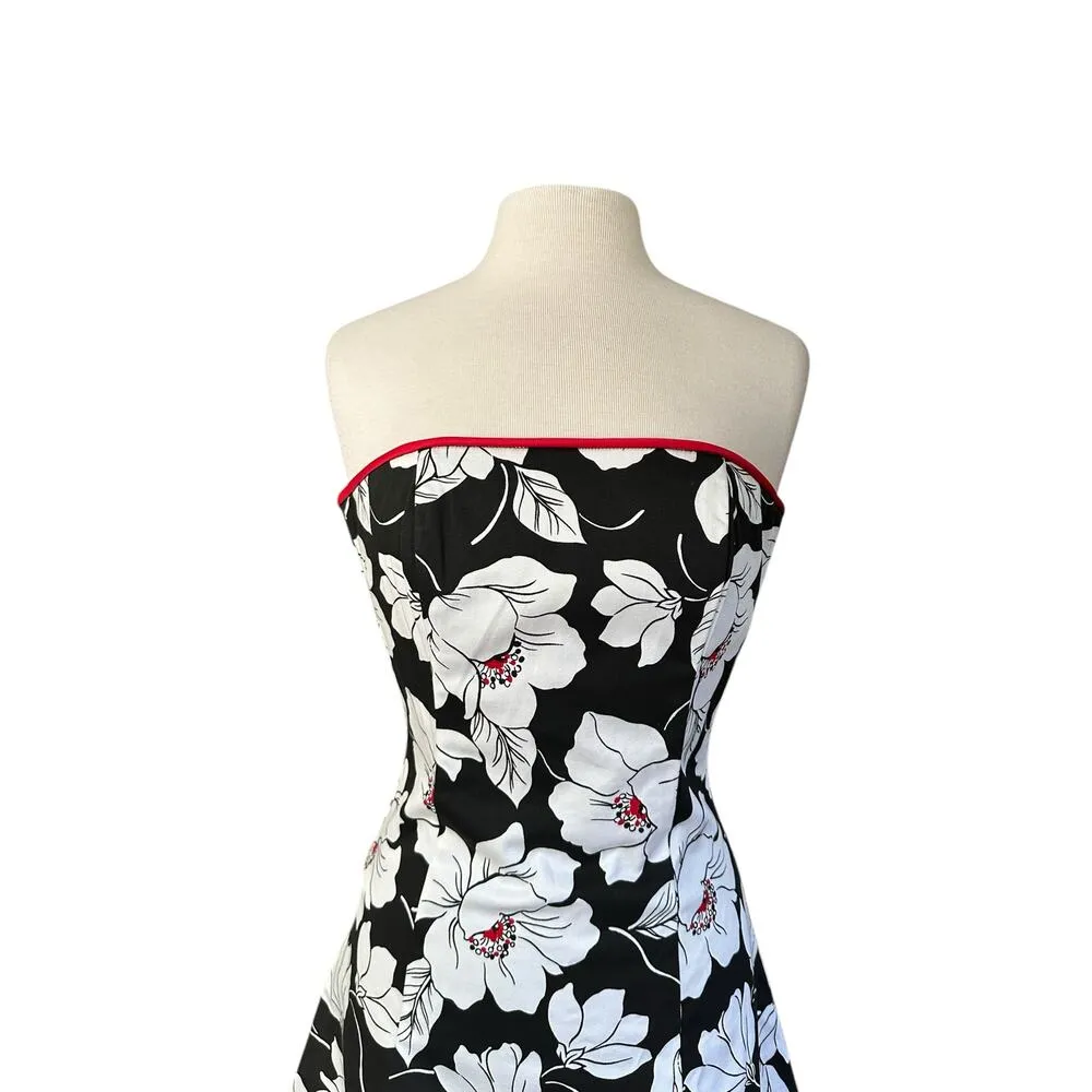 VTG GUNNE SAX Jessica McClintock Strapless Black White Floral Red Trim Dress  6 - Image 2