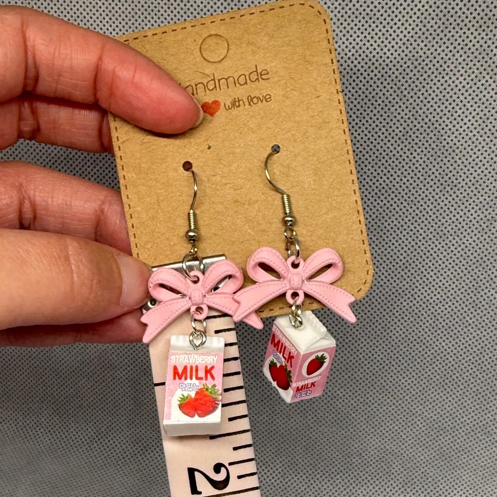 Handmade Pink Bow and Strawberry Milk Earrings - Image 3