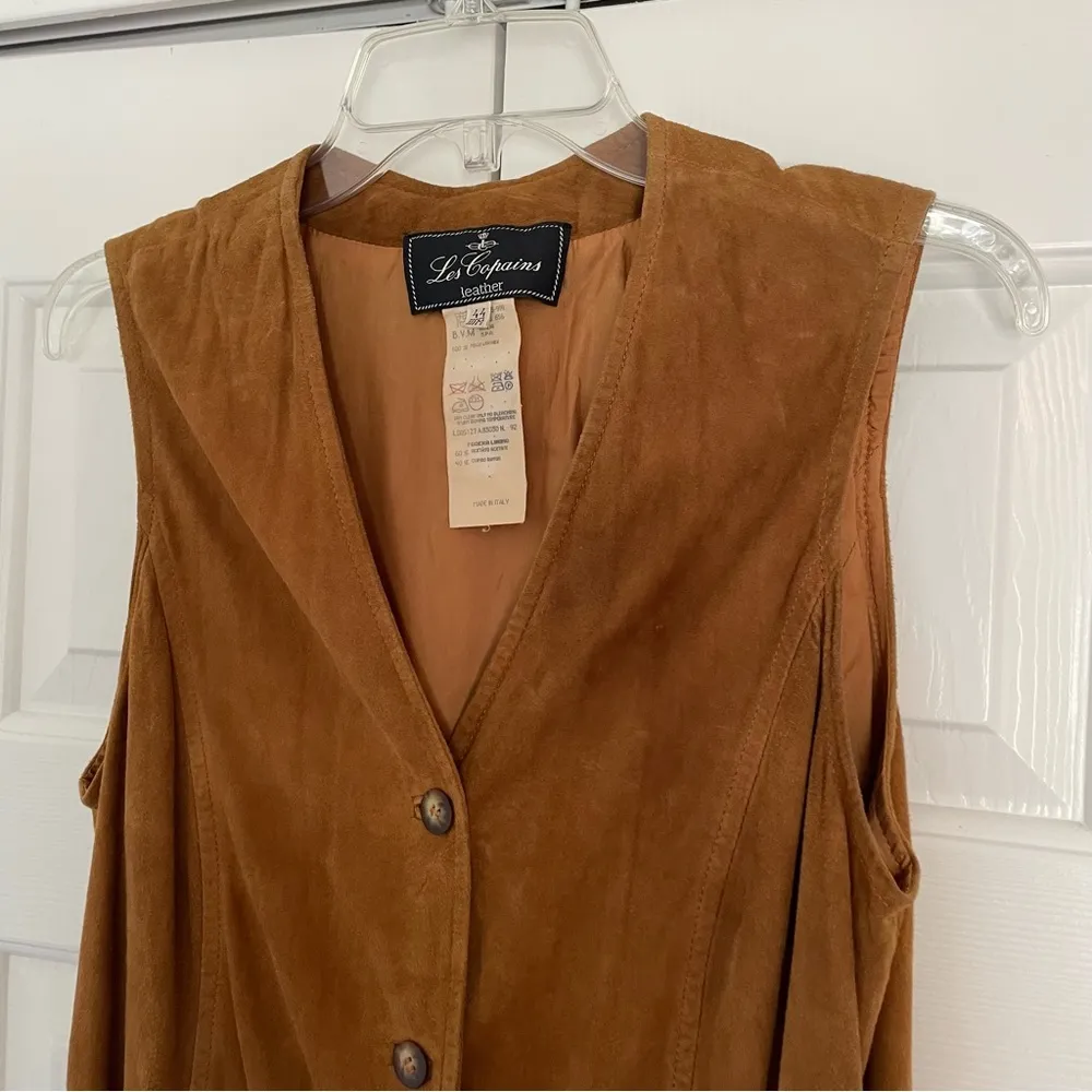 Les Copains Leather Vest Button Front Sz 44 Medium Cognac Brown Pockets Tan - Image 3