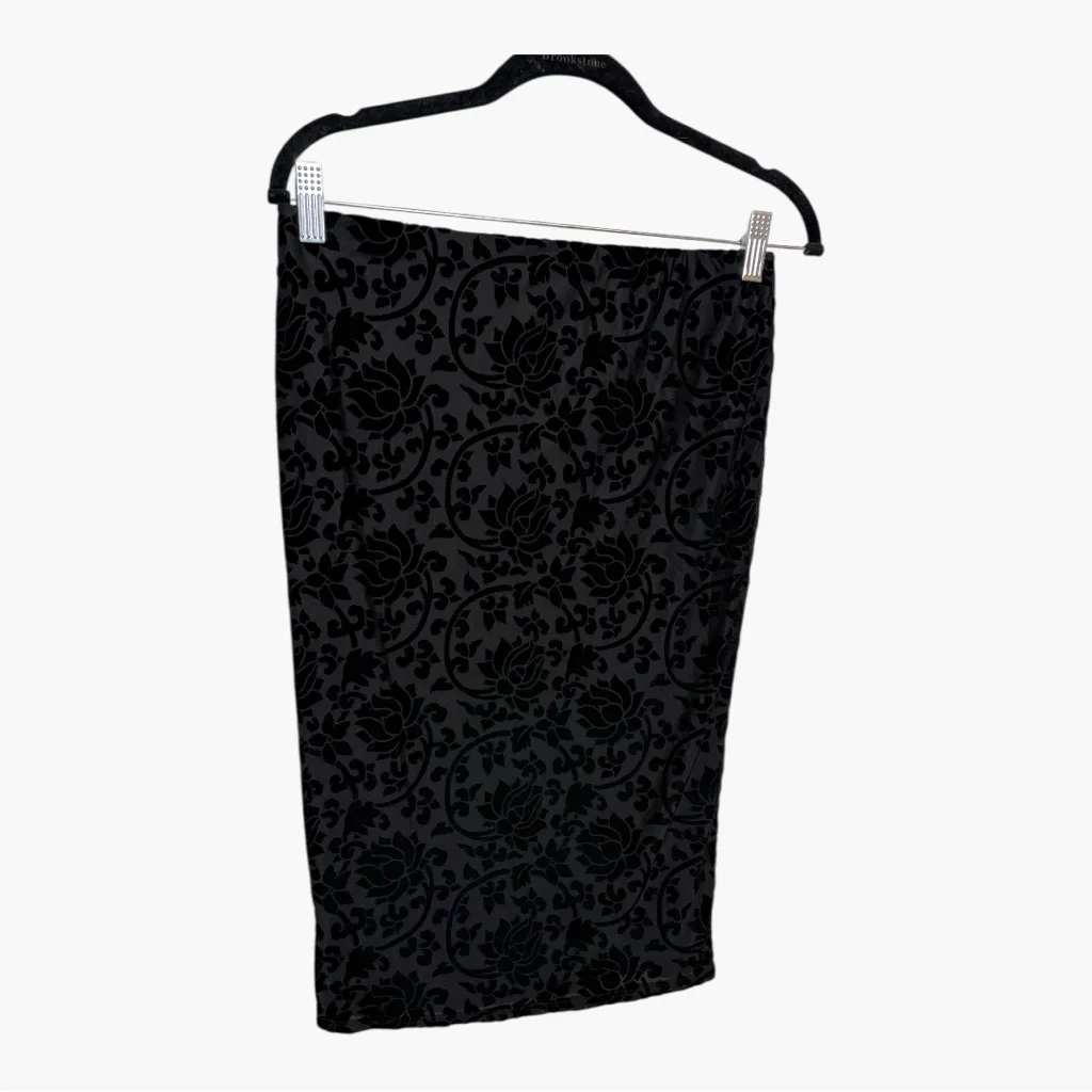 Lily White Black Velvet Floral Midi Skirt 90s Evening Goth Romantic Medium - Image 2