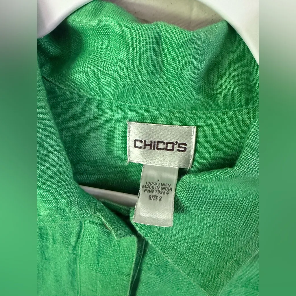 Chicos 100% Linen Button Down Shirt Jacket Sz 2 US L Kelly Green Long Sleeve - Image 4