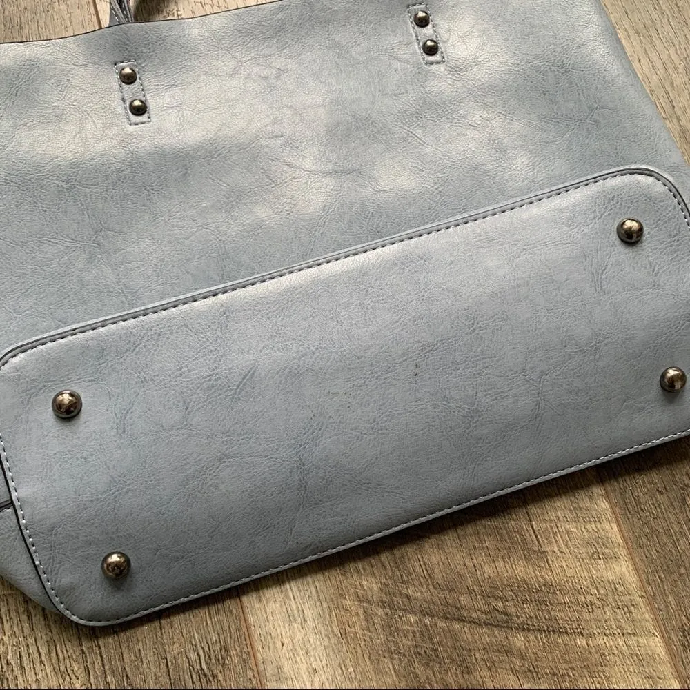 Vegan Leather Powder Blue Grey Double Handle Tote Bag New Blue - Image 3