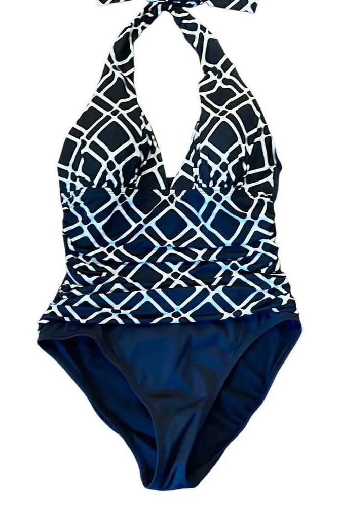 La Blanca black and white geometricāruched side halter one piece size 8 - Image 1