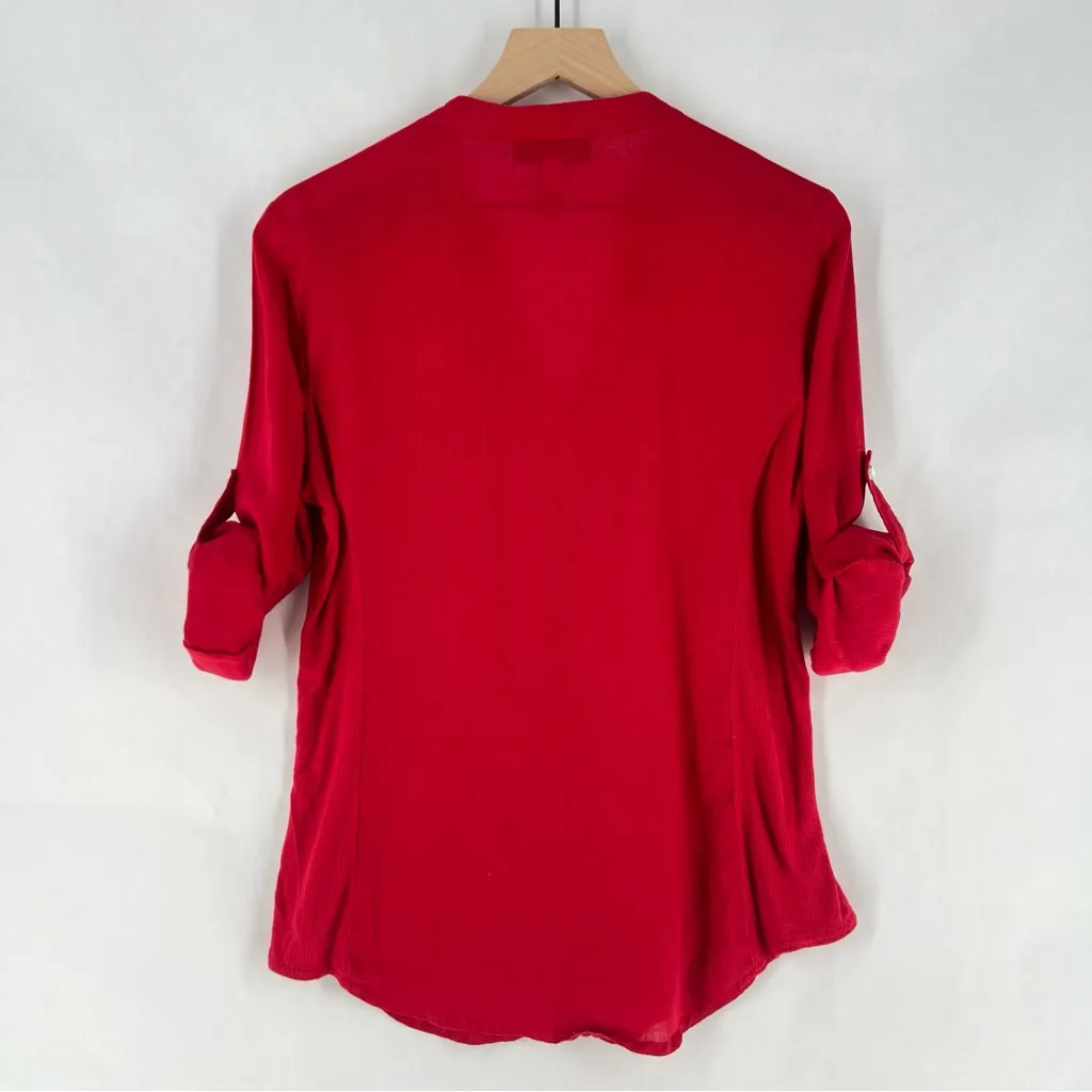 INC‎ Red Linen Roll Tab Sleeve Jewel Button Up V - Image 4