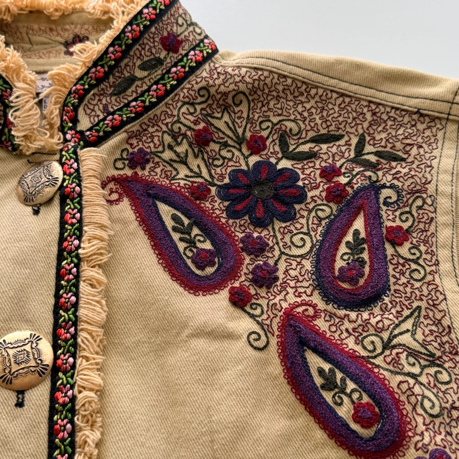 New Direction Jacket Petite Lg Embroidered Denim Khaki Paisley Fringe Collar Tan Size undefined - Image 4