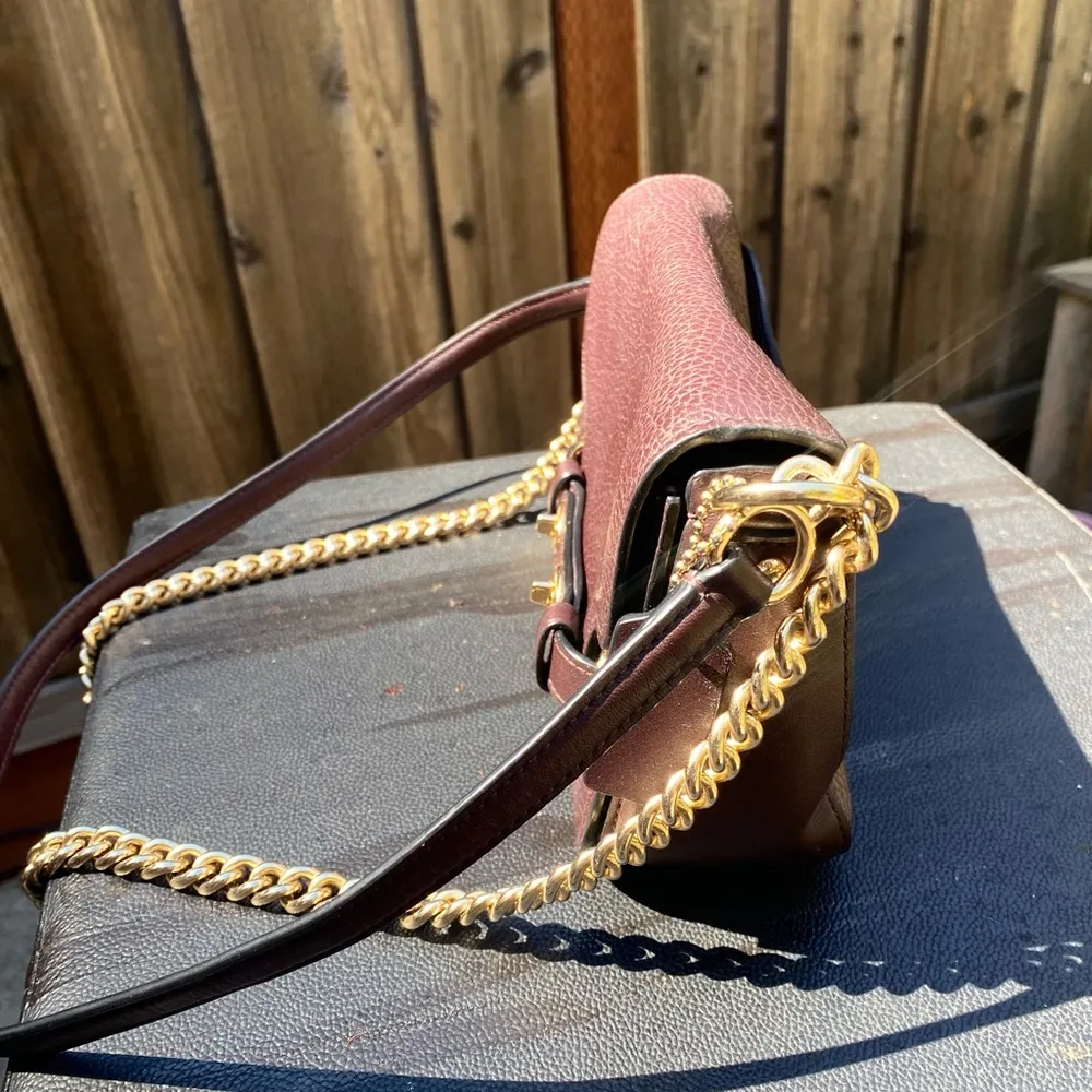 Coach Saddle Leather Bag Chocolate Brown With Leather  And Gold Chain - Image 6