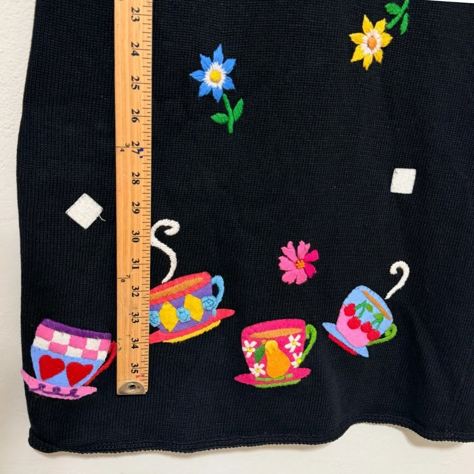 Michael Simon Black Knit Dress Embroidered Teacups Flowers Whimsical Size Small - Image 14