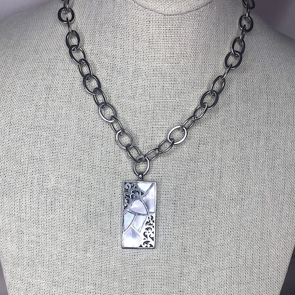 Mother of Pearl Inlay Sterling Silver Cutout Rectangle Toggle Necklace - Image 2