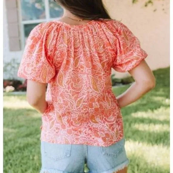 Cleobella Floral Boho Blouse Medium Pink Orange Puff Sleeve Button Front Top - Image 13