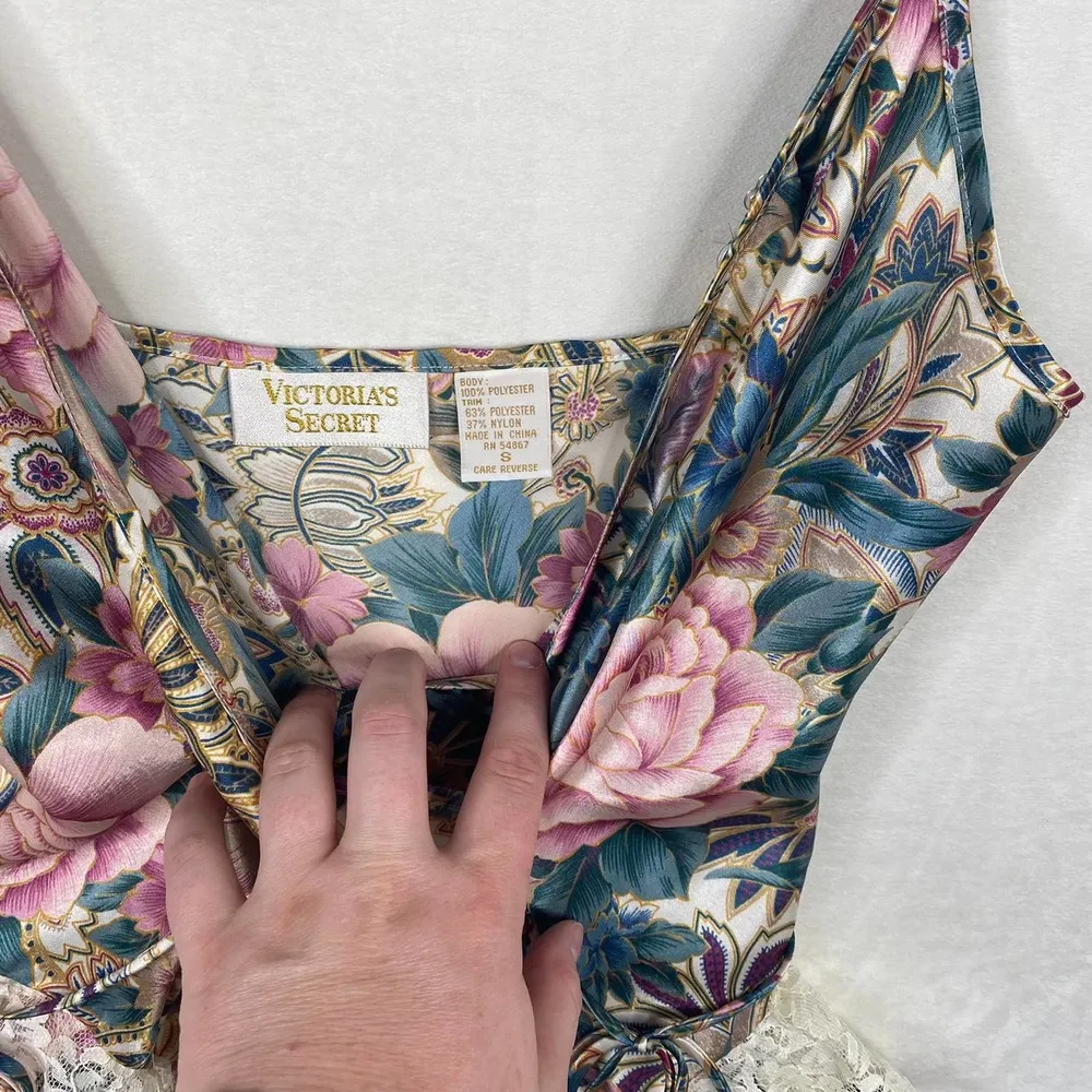 Victoria's Secret Vintage  Gold Label Pink/Blue Floral Teddy Lingerie Bodysuit-S - Image 2