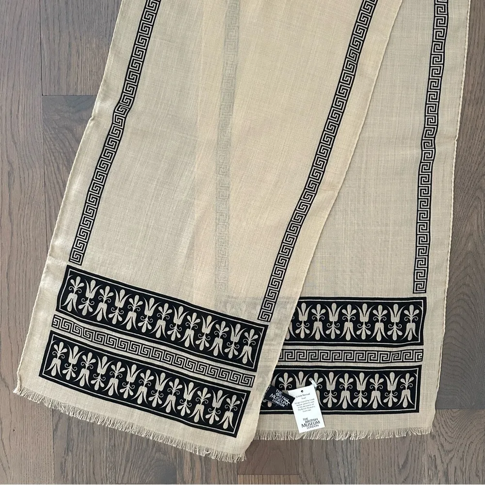 NWT The British Museum London Greek Revival Scarf in Stone and Black 13" x 30" Tan - Image 4