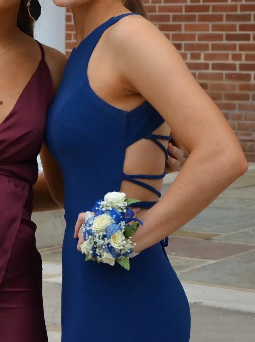 Lace Up Back Blue Prom Dress - Image 3