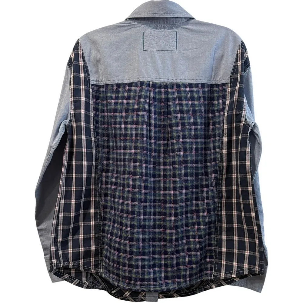 New Free People Argyle Plaid Oversized Patchwork Blue Combo Chambray Shirt Small - Image 5