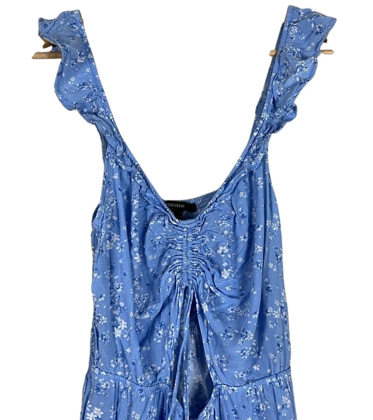 Forever 21 Romper Womens M Blue Floral Ruffle Cutout V-Neck Smocked Cottagecore - Image 5