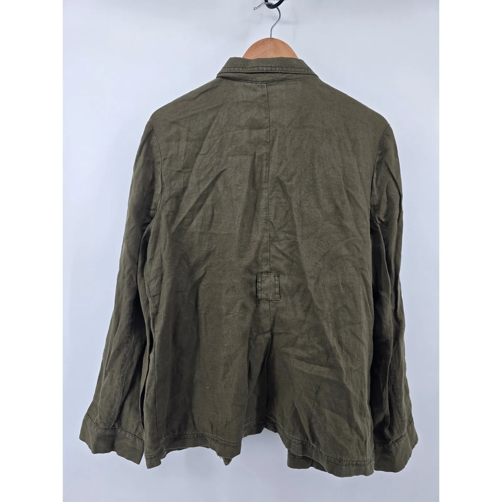 London Jean Olive Green Linen Utility Jacket Large Button Front Pockets - Image 4
