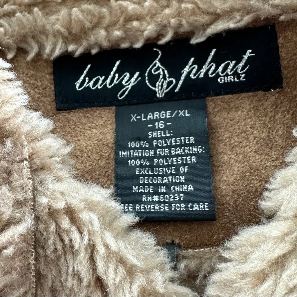 Baby Phat Penny Lane Y2K VTG Tan Toggle Coat faux suede Sherpa Embroidered XL - Image 3