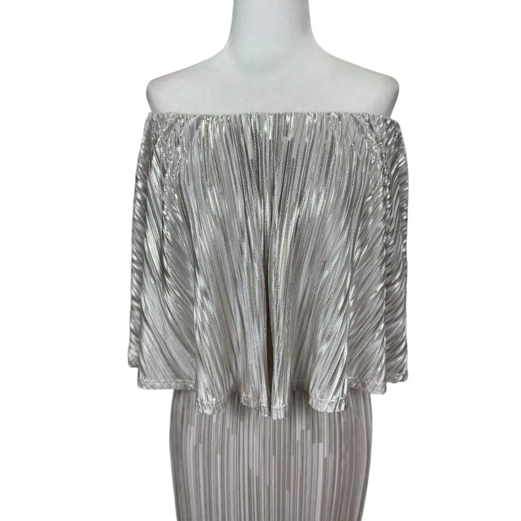 Caramela M Metallic Silver Off Shoulder Maxi Dress Evening Gown Elegant Chic - Image 2