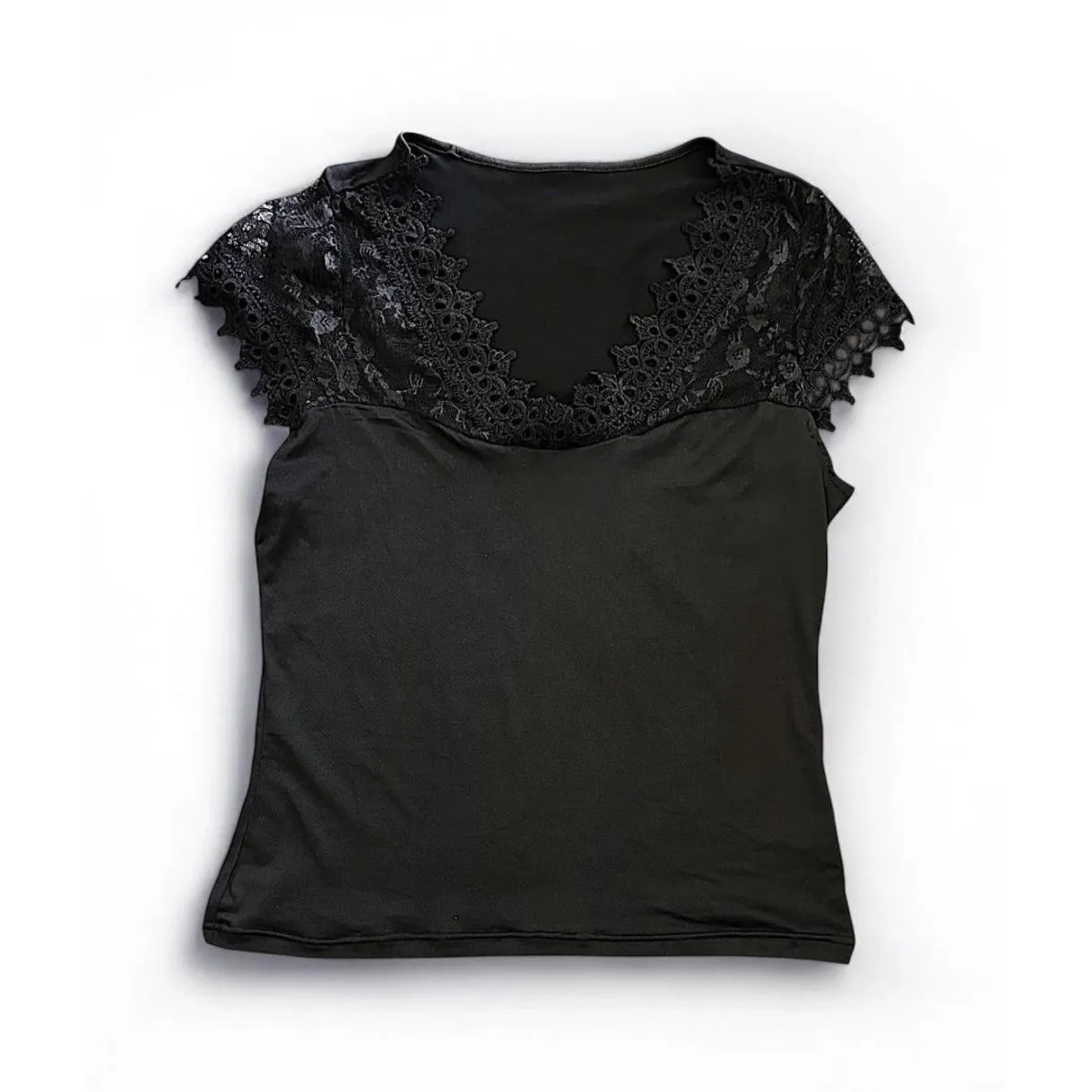 Women Black Lace V Neck Short Sleeve Top Romantic Chic Elegant Casual Size XL - Image 2