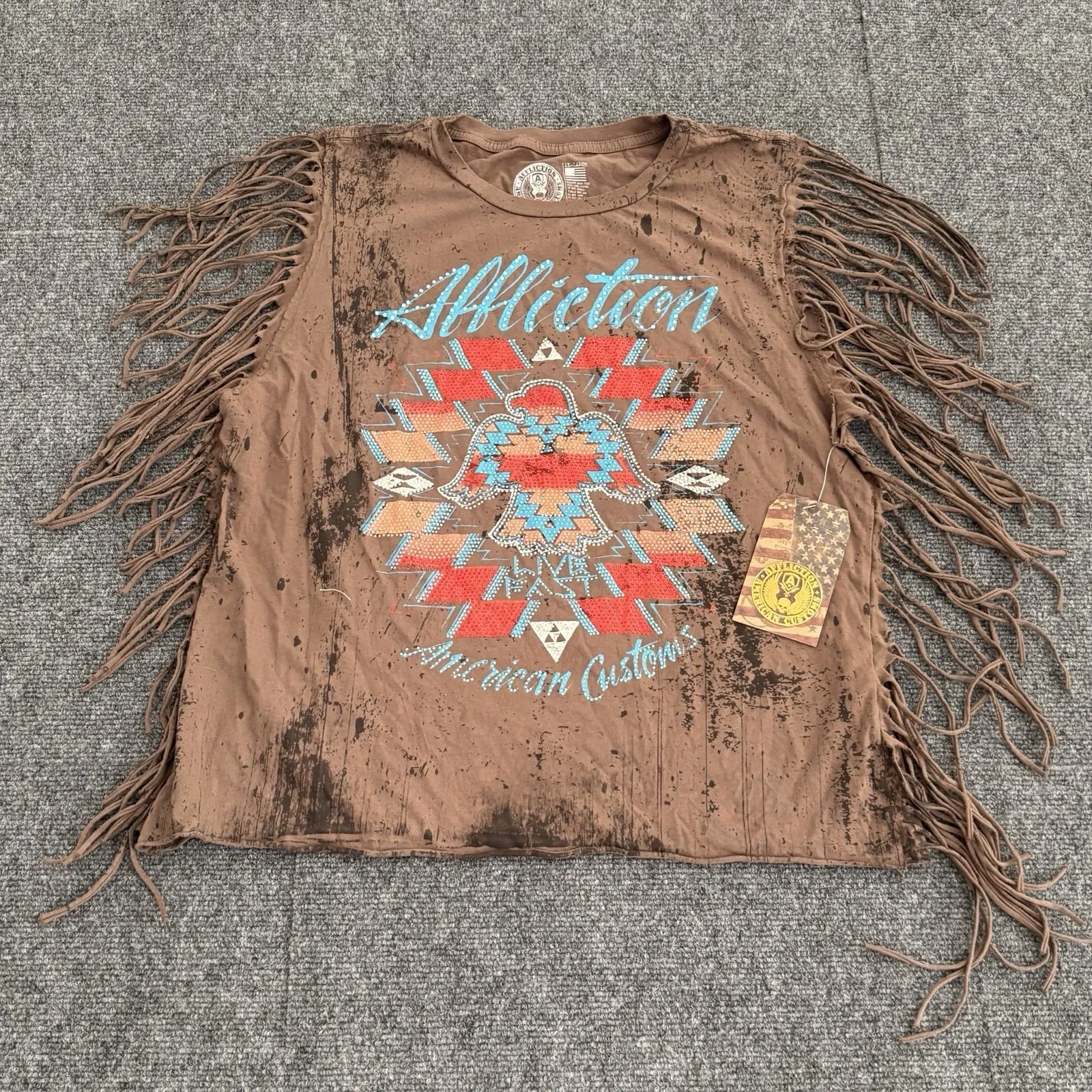 Affliction Women's AC Shaman Fringe‎ Muscle Tee Brown Sz 2XL Bedazzled Y2K Style - Image 3