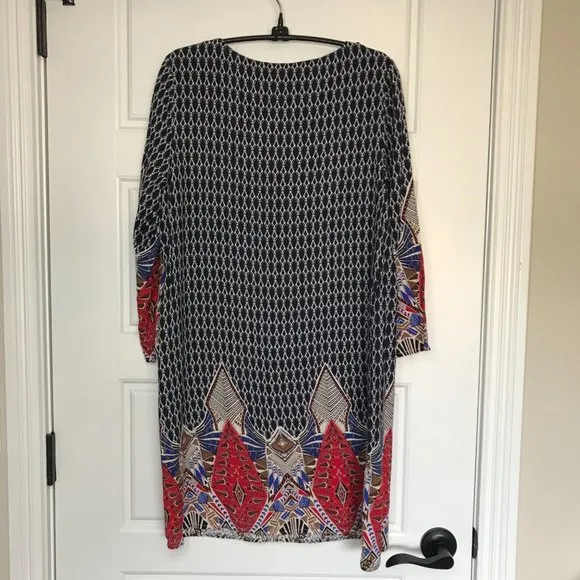 Entro Women's 100% Rayon Boho Geometric Print Tie‎ Neck Shirt Dress Size Medium - Image 3