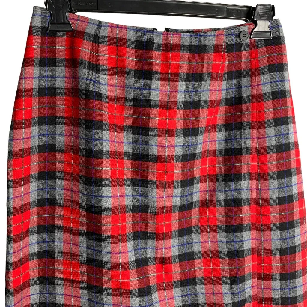 Vintage Crazy Horse Wrap Maxi Skirt 12 Red Grey Plaid Lined Zipper Button - Image 2