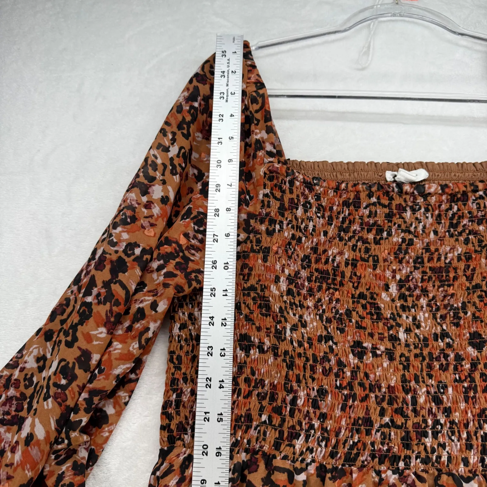 Beach Lunch Lounge Smocked Midi Dress Animal‎ Print Long Sleeve Casual XL Brown - Image 3