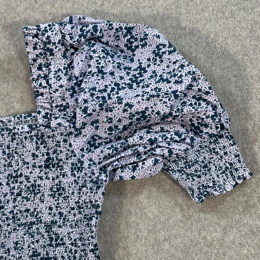 CeCe Puff Sleeve Top Women's Large Purple Floral Square Neck Smocked Ruffle - Image 2