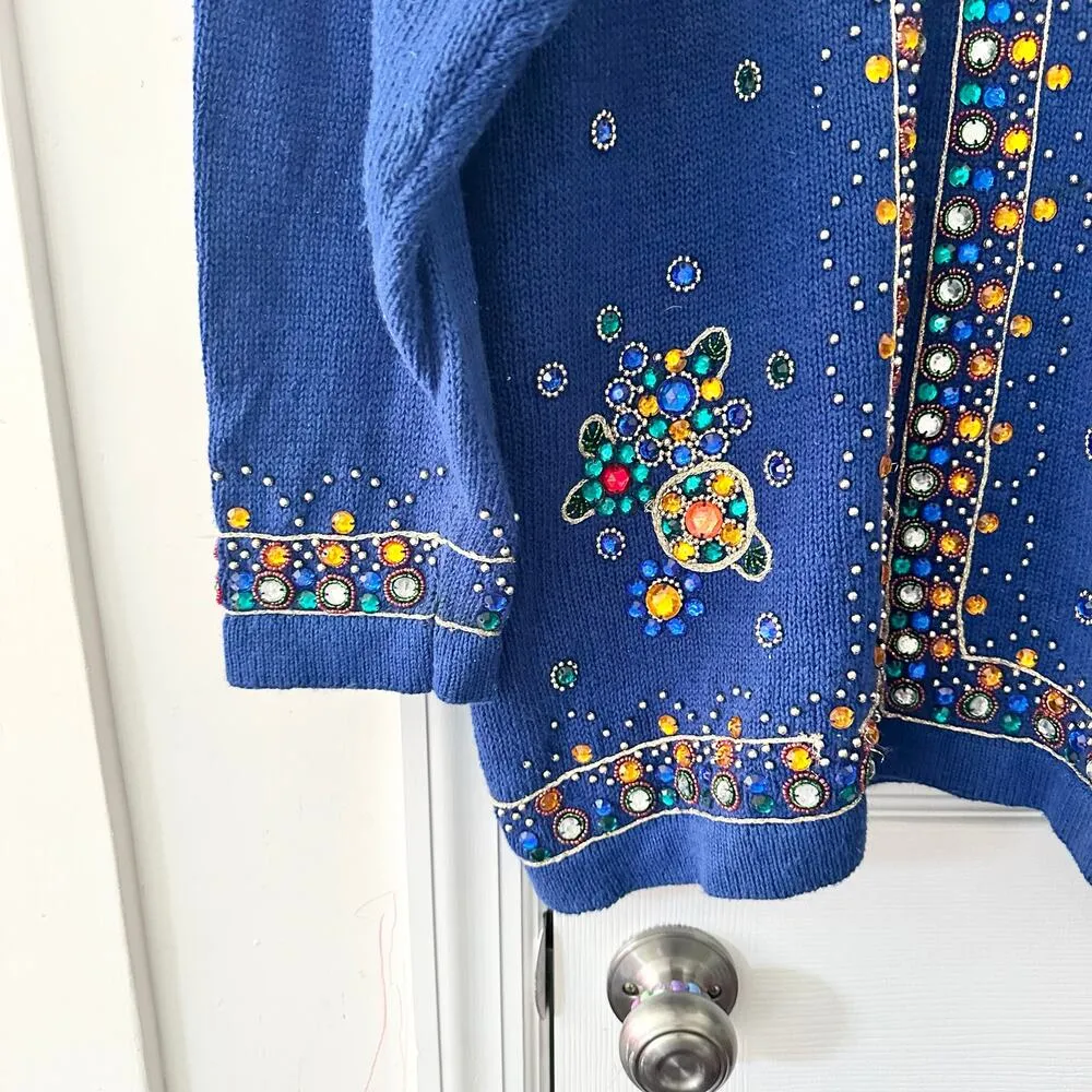 Western Connection Vintage Blue Cotton Ramie Embellished 80s Knit Sweater Large - Image 2
