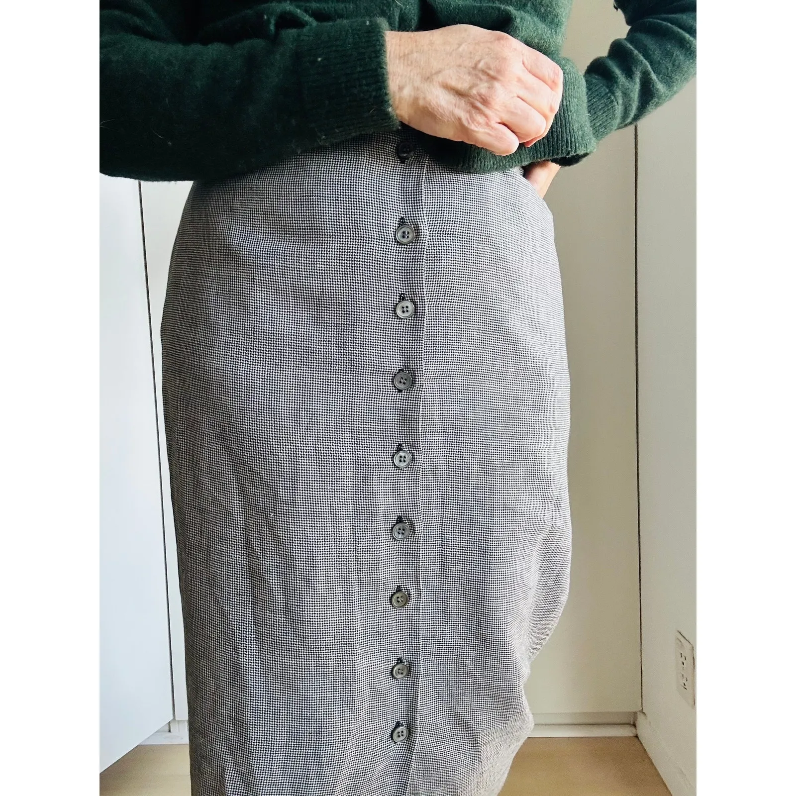 Vintage 90s Talbots Pencil Skirt Linen Houndstooth Classic Midi Prep Heritage - Image 5