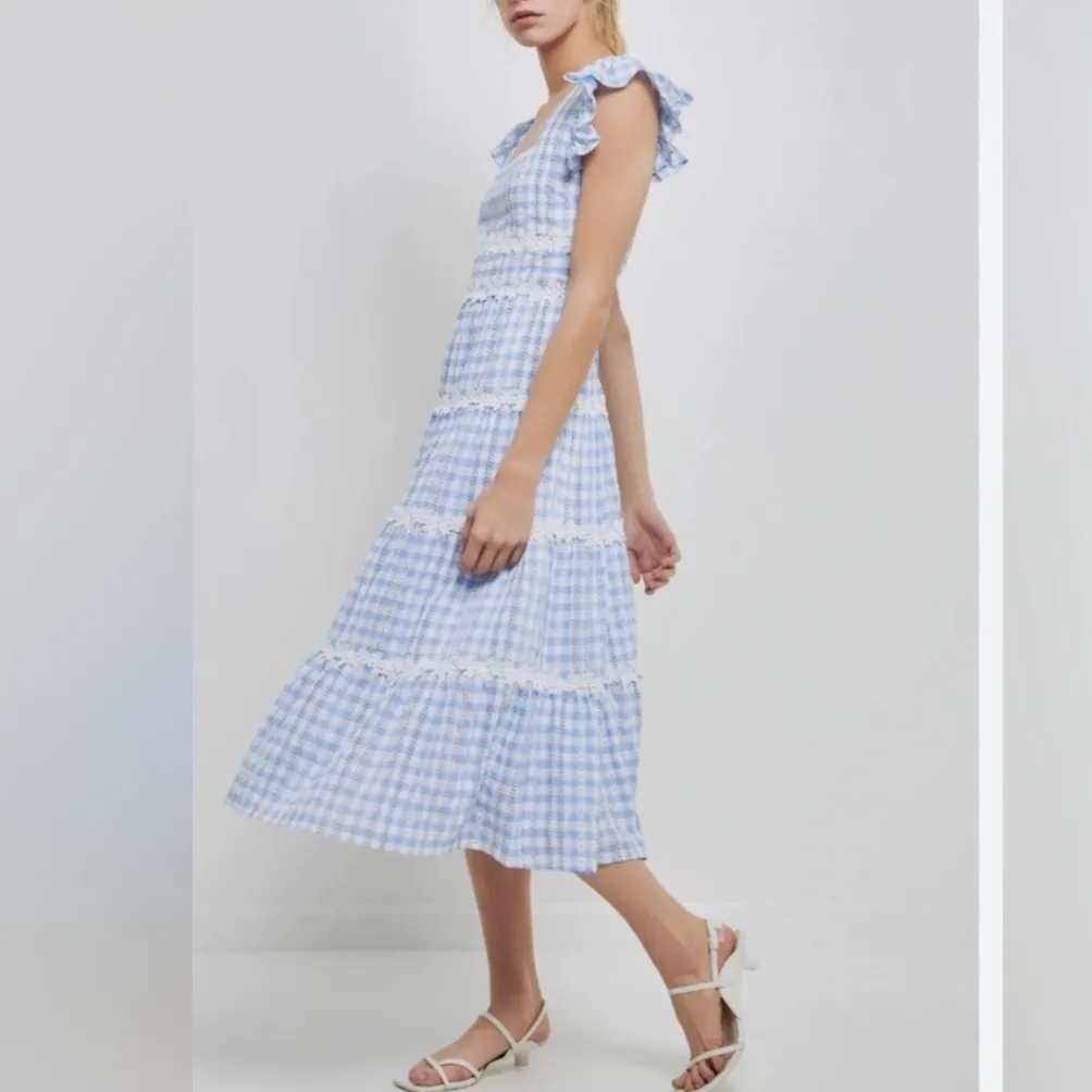 English Factory Gingham Midi Dress Size 2X Tiered Cotton Blue - Image 2