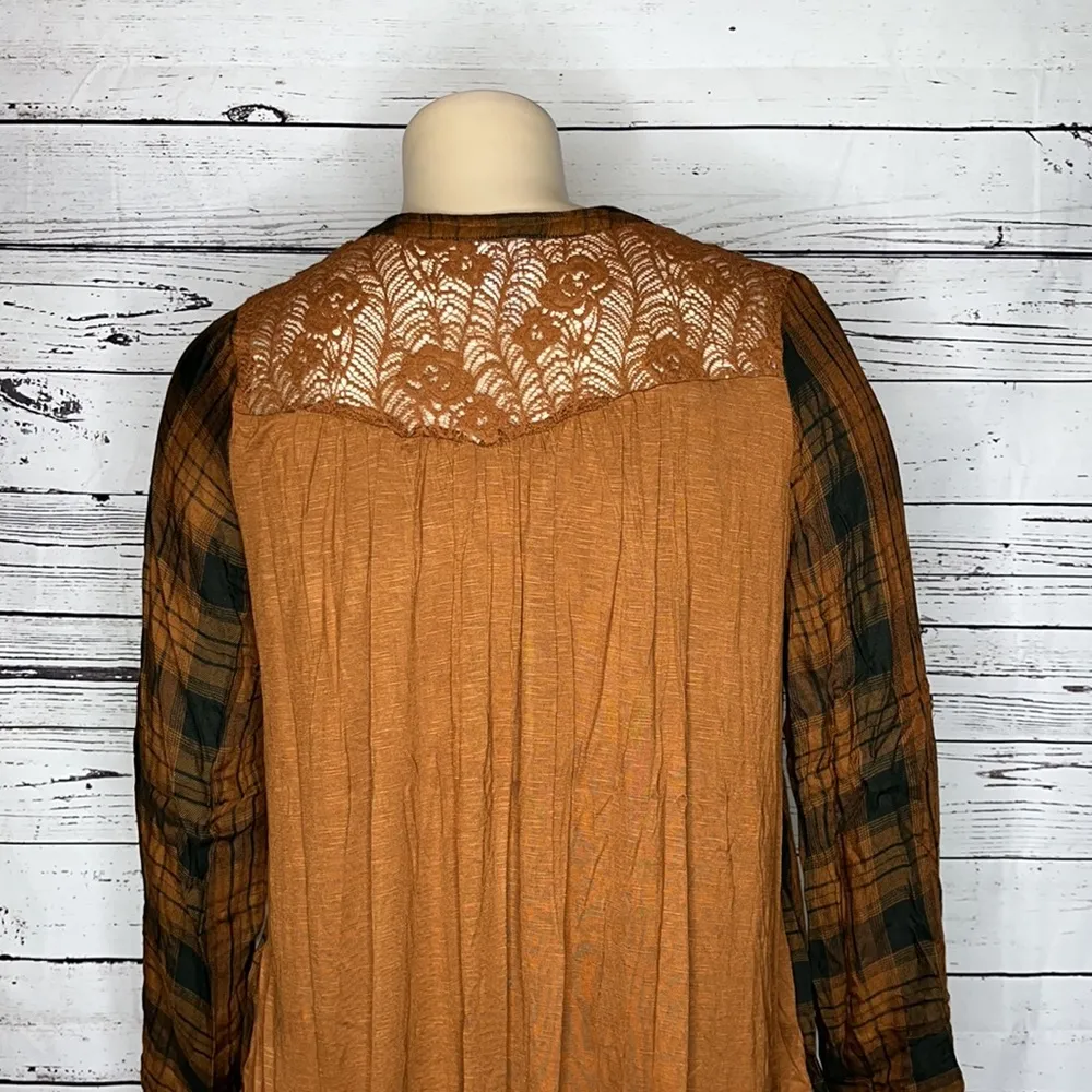 Knox Rose Size XXL Brown & Black Plaid - Brown Floral Lace Button Down Shirt Top - Image 4