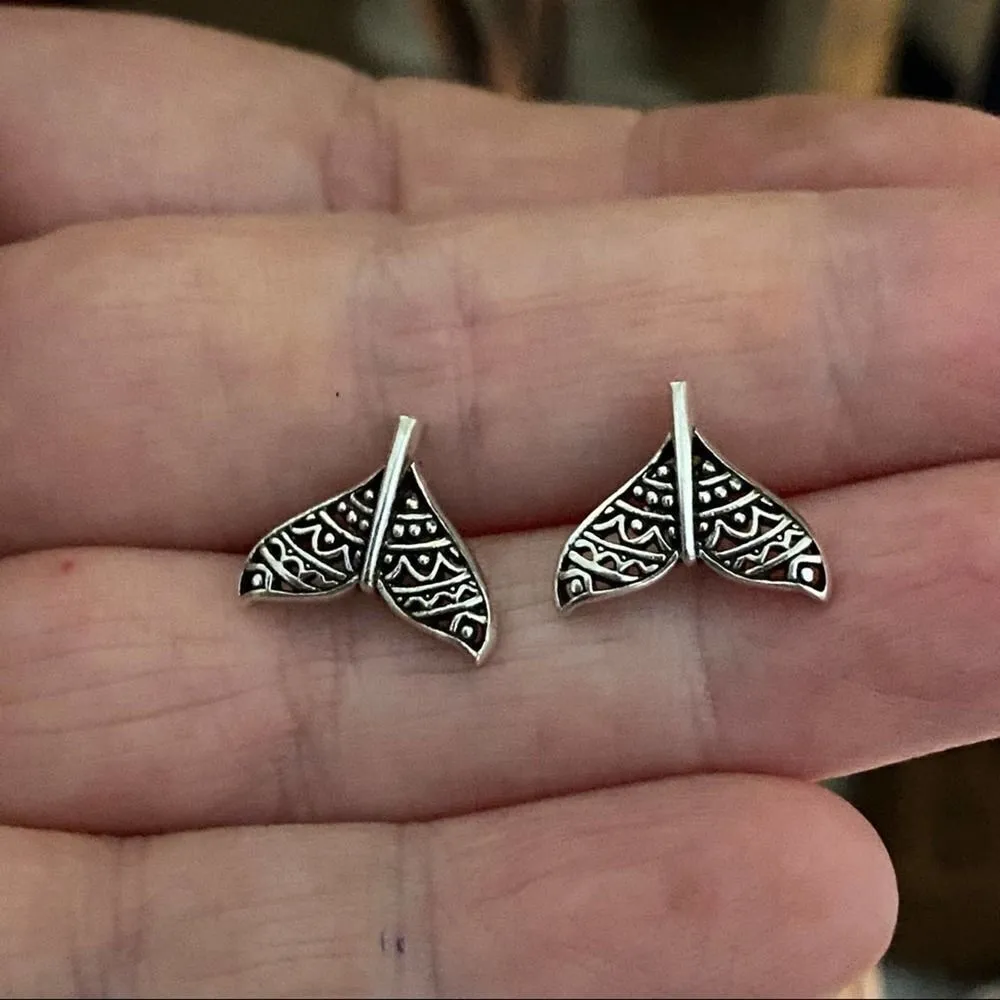 Sterling Silver Boho Whale’s Tail Stud Earrings - Image 3