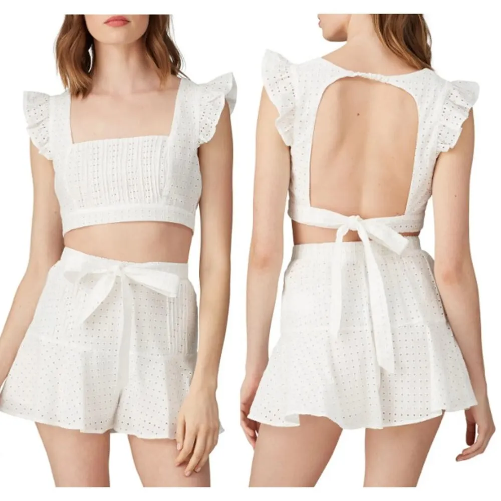 MINKPINK Celestial Eyelet Square Neck Crop Top & Flounce Short Set White M / L - Image 2