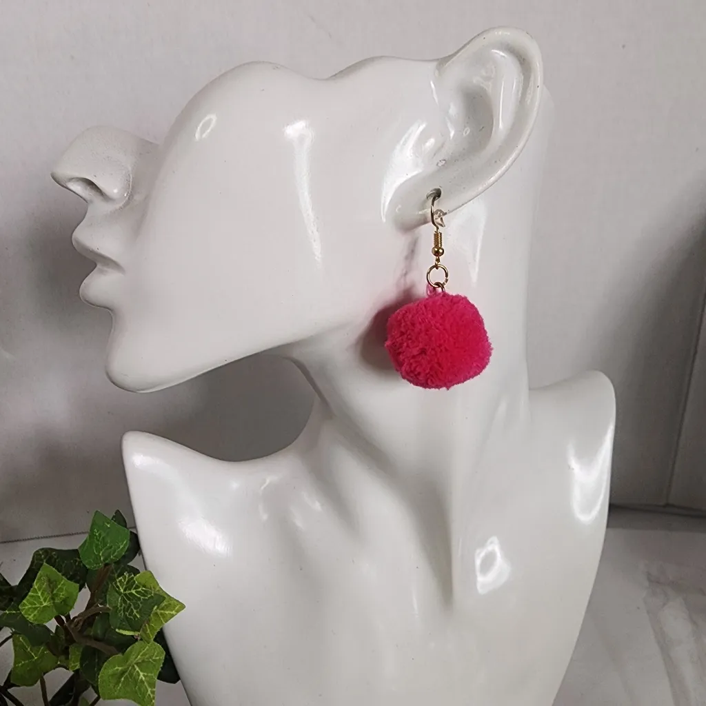 Barbie Pink Color PomPom and Stone Bead Necklace Earrings Set - Image 4