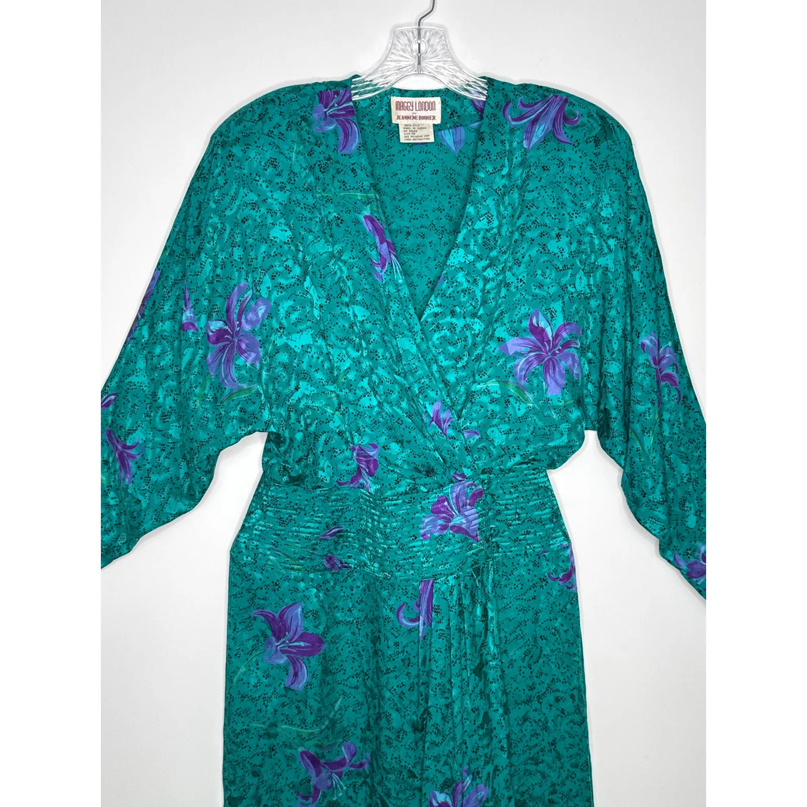 Vintage Maggy London by Jeannene Booher 80s Teal Silk Floral Midi Dress medium - Image 6