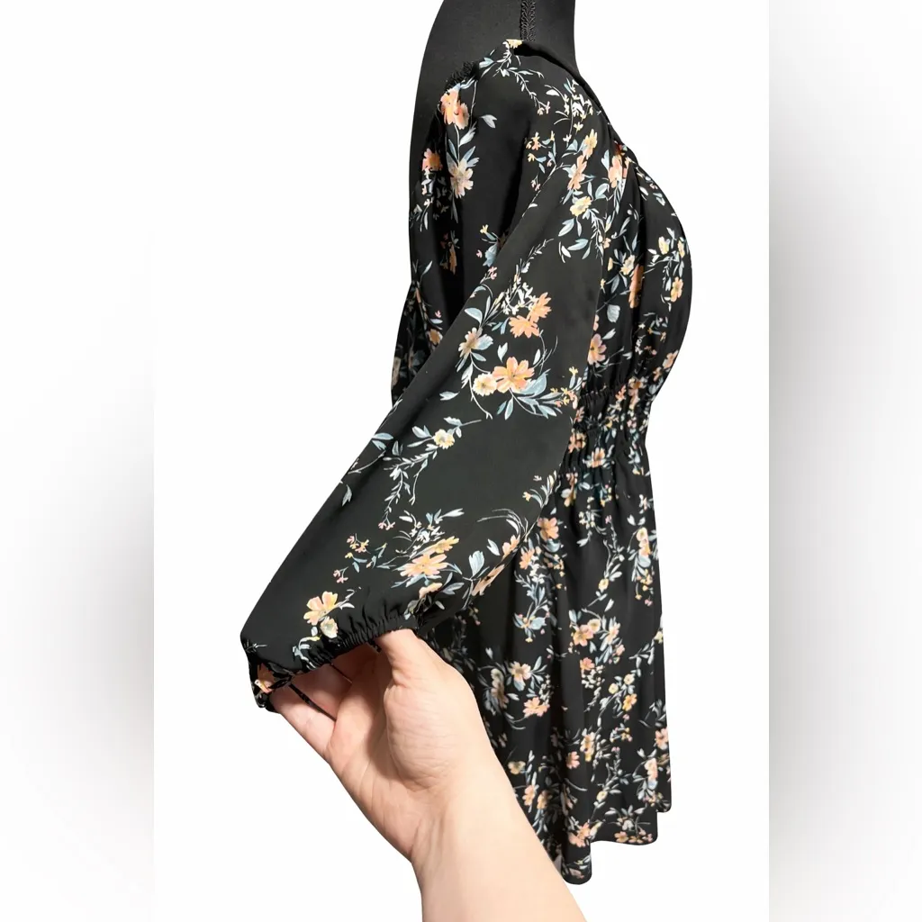 A.U.W Black Floral Long Sleeve Mini Dress Smocked Waist Size Large - Image 3