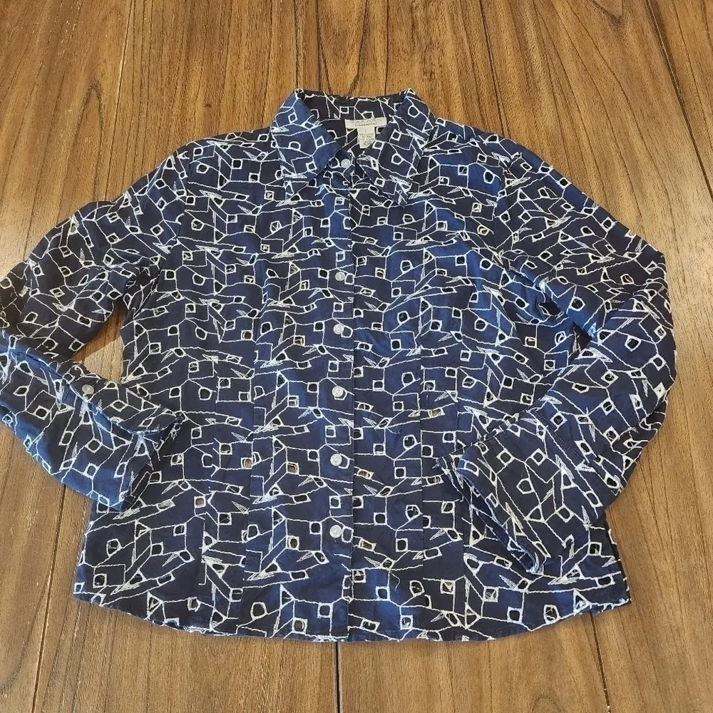 Rafael Essential navy long sleeve eyelet geo print cotton blue collar shirt L Size L - Image 8