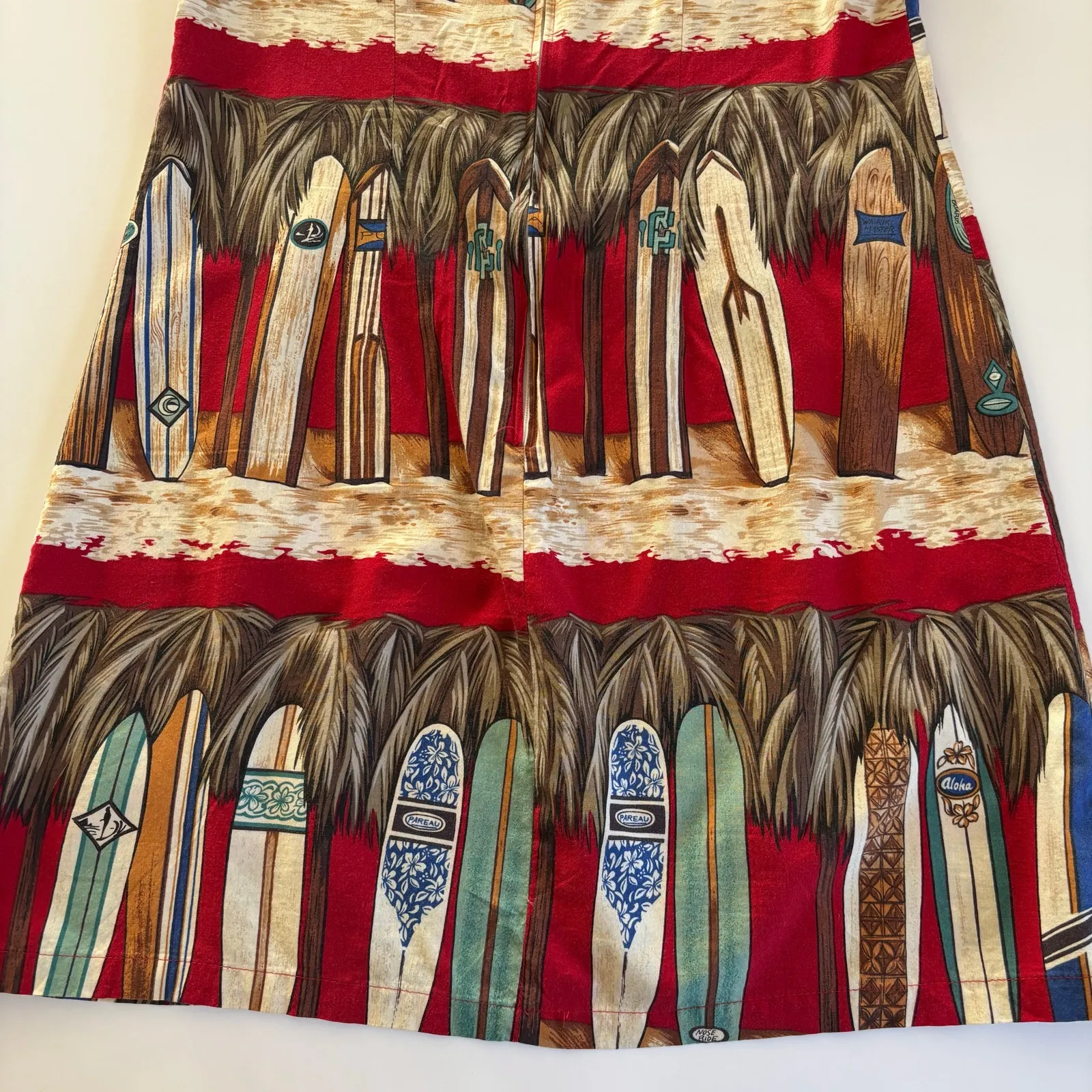 Vintage Shannon Marie Hawaiian Mini Dress Multicolor Tiki Surfboard Womens Small Red - Image 6