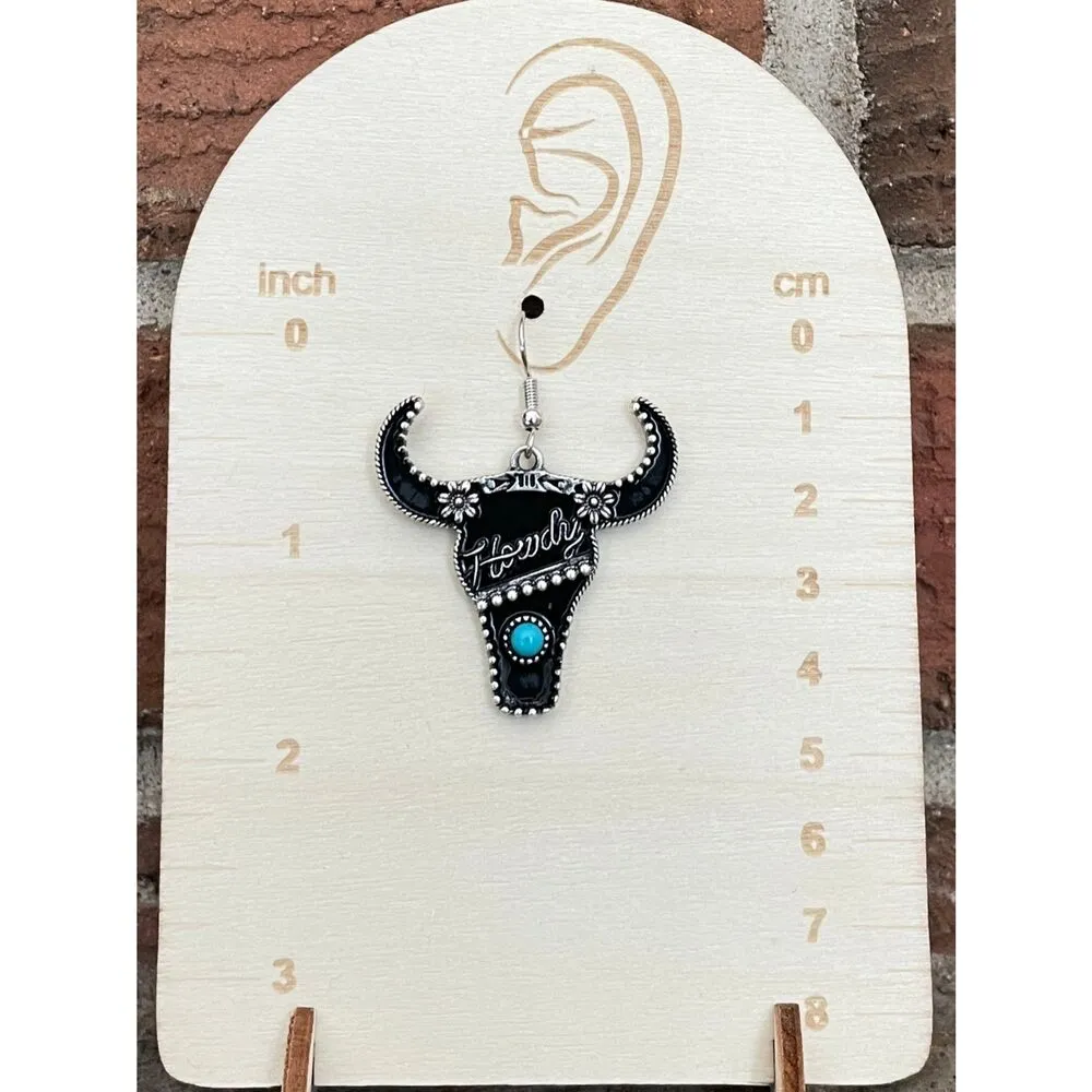 Howdy Steer Skull Earrings with Turquoise Black - Image 2