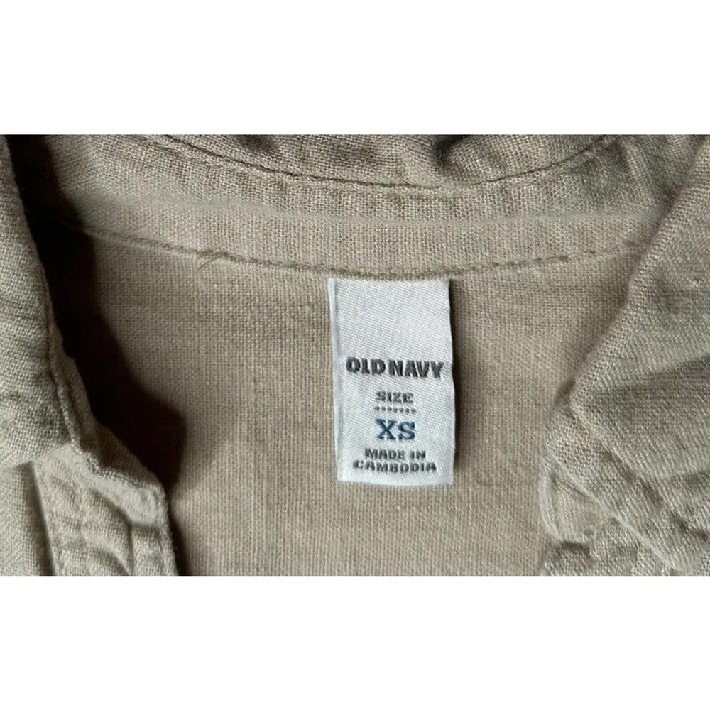 Old Navy Linen Blend Shirt Dress Khaki Tan Henley Roll Tab Sleeve Pockets Sz XS - Image 3