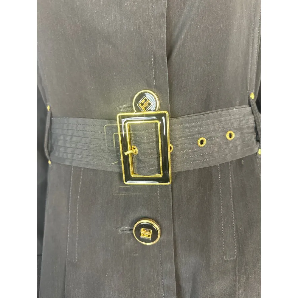 Kenneth Cole black trench coat with gold buttons and belt size medium - Image 8