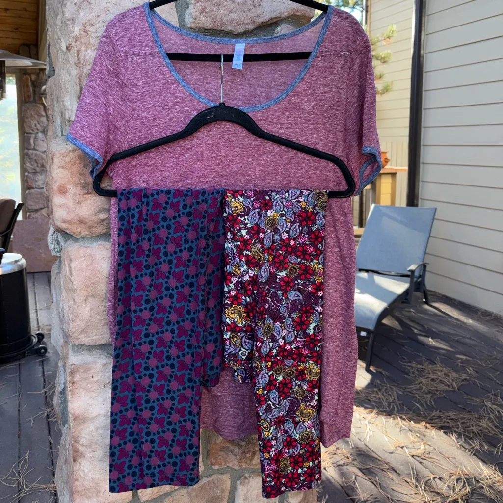 LULAROE Set of 5 Floral ONE SIZE Leggings Green PERFECT & RANDY 3/4 Baseball TEE - Image 9