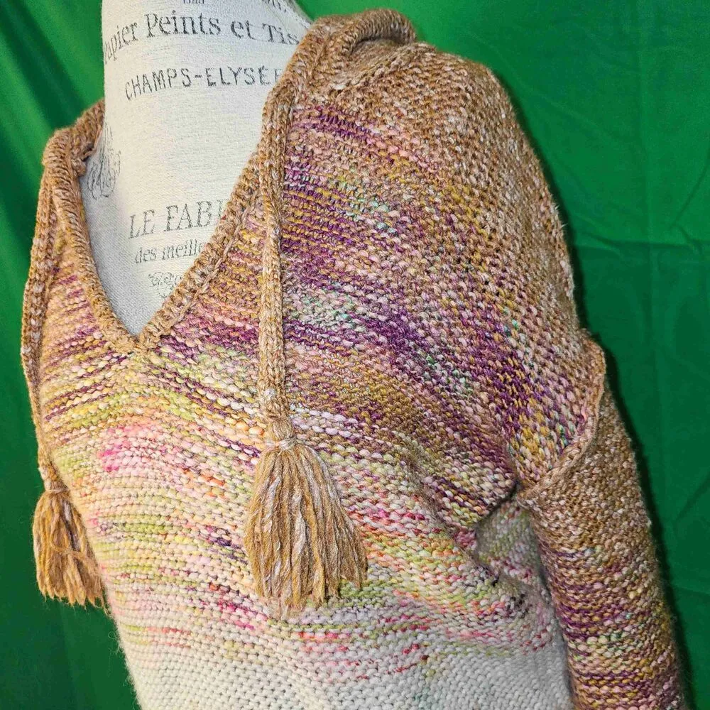 Pilcro Anthropologie Womens Brown Pink‎ Fringe Knit Hoodie Sweater Small - Image 3