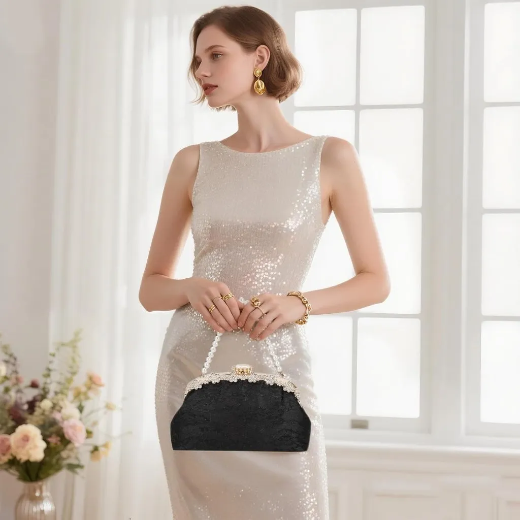 ⚡ Women's Fabric Lace Pearl Chain Rhinestones Black Shoulder Clutch Bag - Image 2