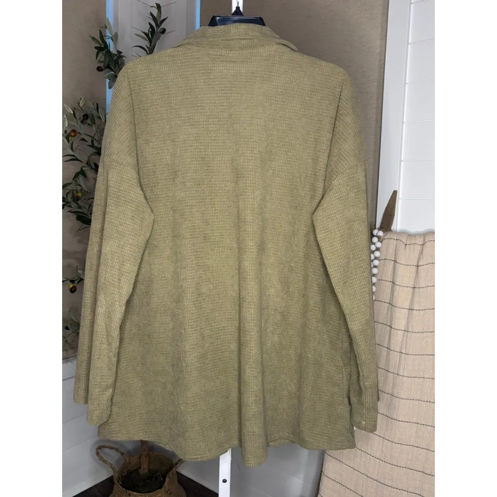 Women's Olive Green Waffle Knit Shacket Button Down Shirt with Pockets L Size L - Image 2