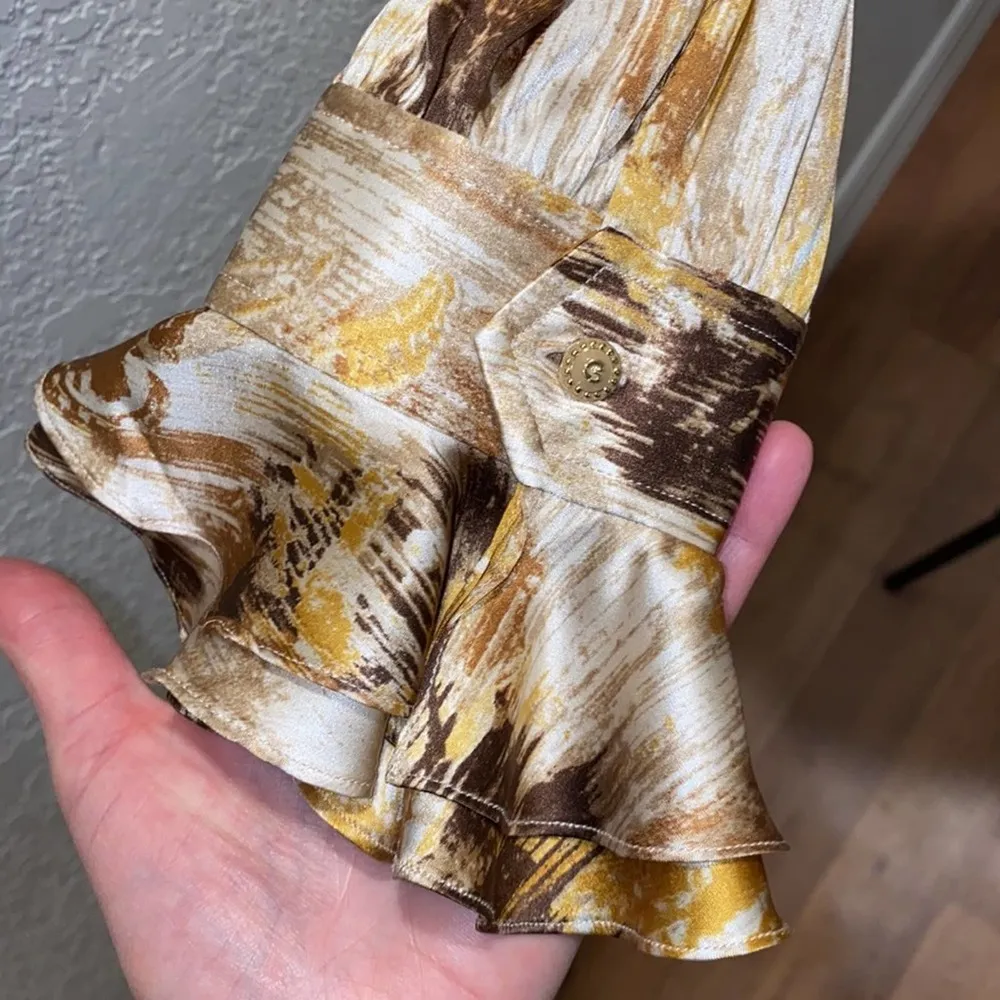 St. John Couture Button Down Silk Vintage Blouse Sz 8 Abstract Brown Gold - Image 6