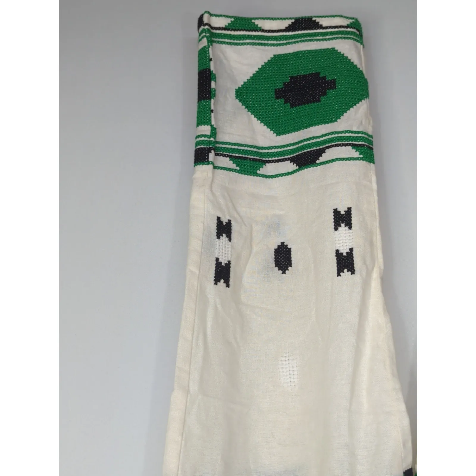 Zara White & Green Geometric Embroidered Linen Pants Small Coastal Bohemian - Image 6