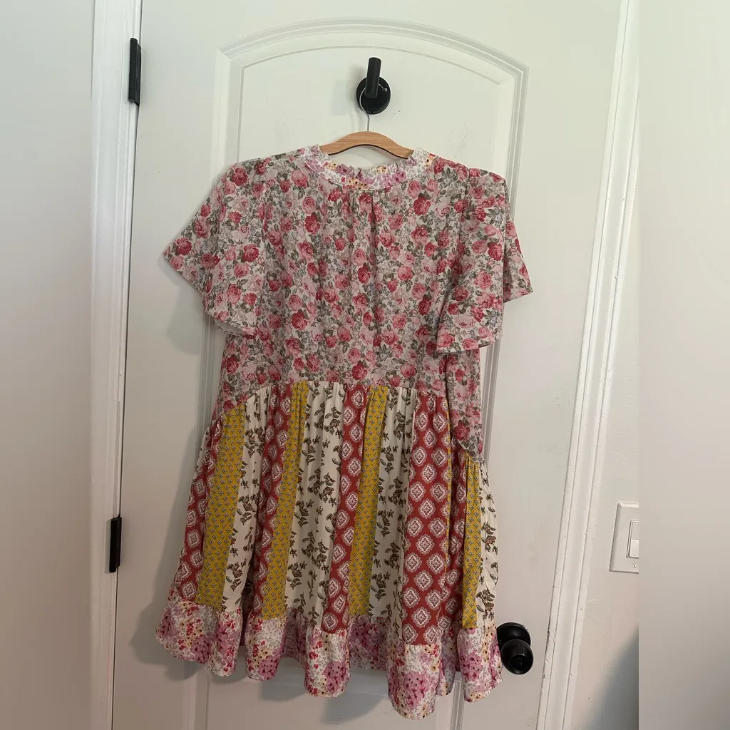 Umgee Pink and Yellow Floral patchwork boho hippie Casual Dress Sz m - Image 2